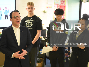 Pennsylvania Governor Josh Shapiro speaks to students in a classroom during a visit to G.W. Carver High School of Engineering and Science in...