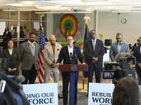 Pennsylvania Governor Josh Shapiro addresses the shortage in teacher certifications during a visit at G.W. Carver High School of Engineering...