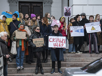 Students and teachers of the Kyiv Conservatory take part in a protest demanding the removal of the name of Russian composer Pyotr Tchaikovsk...