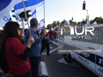 Israeli protesters rally against Israeli Goverment's judicial overhaul bills in the Haogen Junctions on March 16, 2023.  (