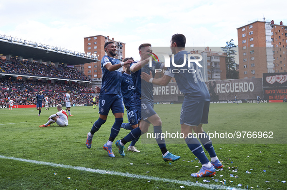 Viktor Tsgyganko of Girona FC celebrating his goal with his teammates during a match between Rayo Vallecano v Girona FC as part of LaLiga in...