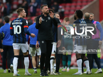 Luton Town Manager Rob Edwards applauds the Luton Town Fans during the Sky Bet Championship match between Sunderland and Luton Town at the S...