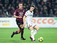 Lorenzo Pirola of US Salernitana and Lewis Ferguson of Bologna FC compete for the ball during the Serie A match between US Salernitana and B...
