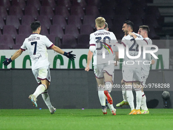 Charalampos Lykogiannis of Bologna FC celebrates after scoring second goal during the Serie A match between US Salernitana and Bologna FC at...
