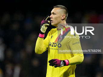 Lukasz Skorupski of Bologna FC gestures during the Serie A match between US Salernitana and Bologna FC at Stadio Arechi, Salerno, Italy on M...