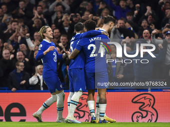 Kai Havertz of Chelsea celebrating with Reece James of Chelsea and Conor Gallagher of Chelsea after scoring his team's second goal during th...