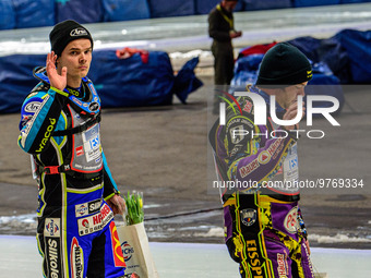 Luca Bauer (48) (left) and Max Neidermaier (18) (Reserve) on the pre-meeting parade during the Ice Speedway Gladiators World Championship Fi...