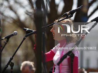 Medea Benjamin, co-founder of Code Pink, speaks at an anti-war protest organized by the Answer Coalition and dozens of other groups in Washi...