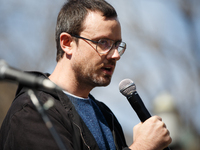Gabriel Shipton, the brother of jailed activist and hacker Julian Assange, speaks at an anti-war protest organized by the Answer Coalition a...