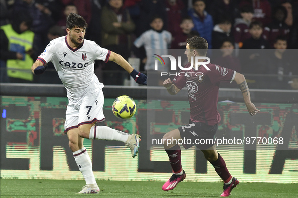 Riccardo Orsolini of Bologna FC  competes for the ball with  Norbert Gyomber of US Salernitana during the Serie A match between US Salernita...