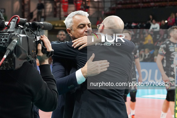 anastasi andrea (coach sir safety susa perugia) piazza roberto (allianz milano) during the Volleyball Italian Serie A Men Superleague Champi...
