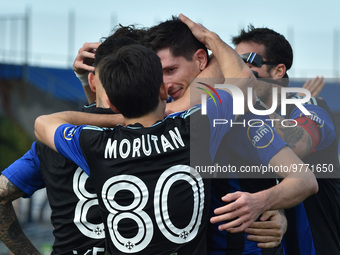 Stefano Moreo (Pisa) celebrates with Olimpiu Morutan (Pisa) during the Italian soccer Serie B match AC Pisa vs Benevento Calcio on March 18,...