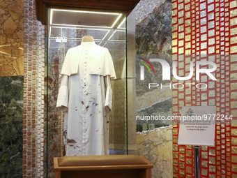 Pope John Paul II cassock marked with blood during an attempt on his life on the 13th of May 1981, is displayed inside the Sanctuary of Sain...