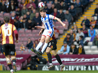 Hartlepool United's Connor Jennings wins the header during the Sky Bet League 2 match between Bradford City and Hartlepool United at the Uni...