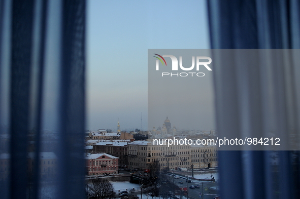View on the frozen river Fontanka from room of Azimut hotel, which is situated in the historical part of St. Petersburg. Russia, Tuesday, Ja...