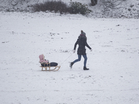 The woman is running, pulling a child on a sled on the snow in Warsaw, 08 January, 2016, Poland (