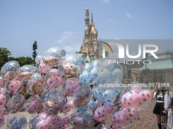 Balloons next to the magic castle inside Hong Kong Disneyland on April 28, 2023 in Hong Kong, China. (