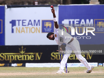 Vishwa Fernando of Sri Lanka bowls during the fifth and final day of the second Test match between Sri Lanka and Ireland at the Galle Intern...
