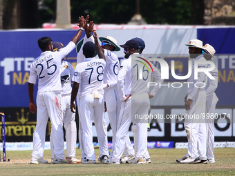 Players of Sri Lanka celebrate after taking the wicket during the fifth and final day of the second Test match between Sri Lanka and Ireland...