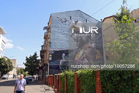 KYIV, UKRAINE - MAY 18, 2023 - The Ghost of Kyiv mural at 3/7 Mezhyhirska Street celebrates the pilots of the 40th tactical aviation brigade...
