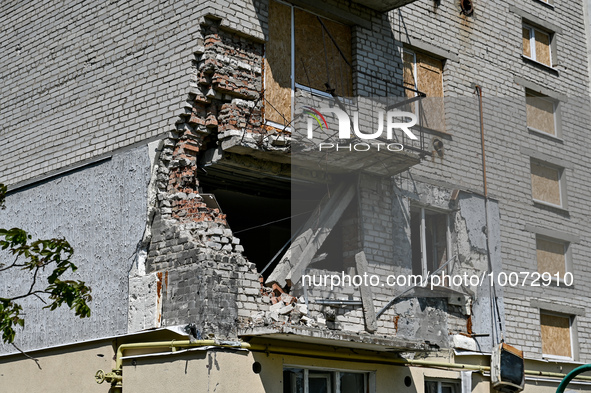 ZAPORIZHZHIA REGION, UKRAINE - MAY 18, 2023 - A hole in the wall of a residential building is seen as a result of shelling by the Russian tr...