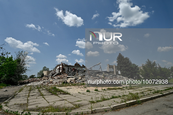 ZAPORIZHZHIA REGION, UKRAINE - MAY 18, 2023 - The ruins of the former House of Culture and Sports destroyed by Russians last fall is seen in...