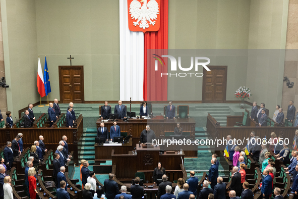 Speaker of the Ukrainian Parliament Ruslan Stefanchuk speech to Polish member of parliament during visit in Warsaw, May 25, 2023. 