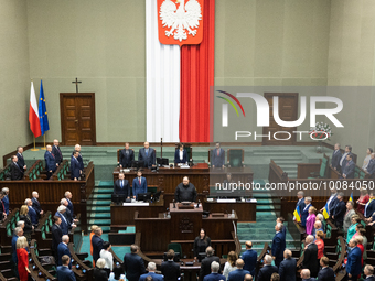 Speaker of the Ukrainian Parliament Ruslan Stefanchuk speech to Polish member of parliament during visit in Warsaw, May 25, 2023. (