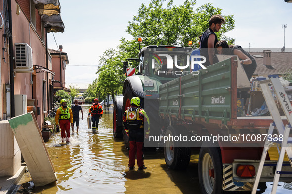 A general view of volunteers at work and the flood damage in Emilia Romagna on May 26, 2023 in Conselice, Italy 