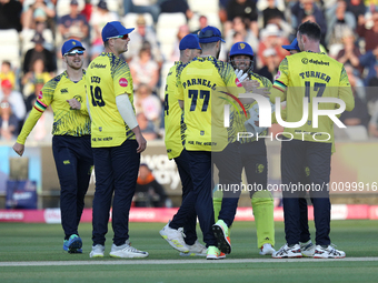 Durham celebrate the wicket of Lyndon James of Notts Outlaws during the Vitality T20 Blast match between Durham and Notts Outlaws at the Sea...