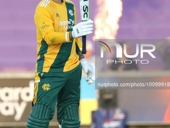 Alex Hales of Notts Outlaws celebrates his fifty during the Vitality T20 Blast match between Durham and Notts Outlaws at the Seat Unique Riv...