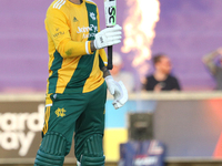 Alex Hales of Notts Outlaws celebrates his fifty during the Vitality T20 Blast match between Durham and Notts Outlaws at the Seat Unique Riv...