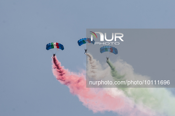  Italian paratroopers  aerobatic demonstration team, the  leaves multi-colored vapor trails as they fly over Rome on the occasion of the 77t...