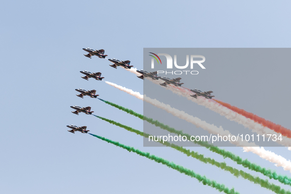  Italian Air Forces aerobatic demonstration team, the Frecce Tricolori leaves multi-colored vapor trails as they fly over Rome on the occasi...