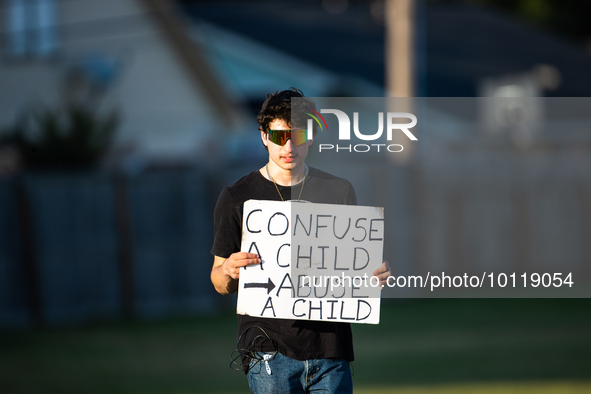 An anti-LGBTQ protestor stands across the street from First Christian Church in Katy, Texas on June 3, 2023. His sign reads, ''Confuse a chi...