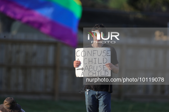 An anti-LGBTQ protestor stands across the street from First Christian Church in Katy, Texas on June 3, 2023. His sign reads, ''Confuse a chi...