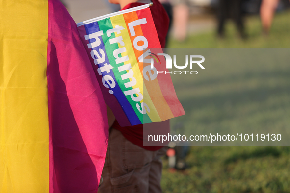 An LGBTQ Pride flag reads, ''love trumps hate.'' outside an LGBTQ Pride fundraising event at First Christian Church in Katy, Texas on June 3...