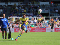 Warrington Wolves' Stefan Ratchford kicks at goal during the BetFred Super League match between Hull Football Club and Warrington Wolves at...