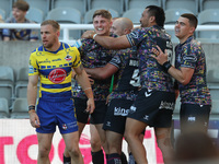 Hull FC's Adam Swift celebrates after scoring during the BetFred Super League match between Hull Football Club and Warrington Wolves at St....