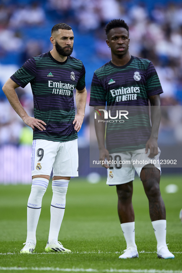 Karim Benzema of Real Madrid Cf (L) and Vinicius Junior of Real Madrid Cf (R) during a match between Real Madrid v Athletic Club as part of...