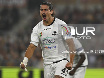 Dimitris Nikolaou of A.C. Spezia celebrates after scoring 0-1 during the 38th day of the Serie A Championship between A.S. Roma vs A.C. Spez...