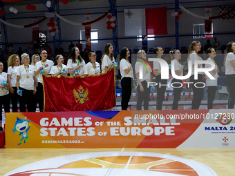 
TA' QALI, MALTA:
Montenegro players and officials celebrate winning Women's 5 x 5 Basketball Final event, from the from the Games of the Sm...