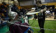 A Medieval Fighting fighter is having a rest during a fight in the World Medieval Fighting...