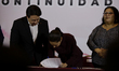 Mario Delgado (l), national president of the MORENA party; Claudia Sheinbaum (c), former h...