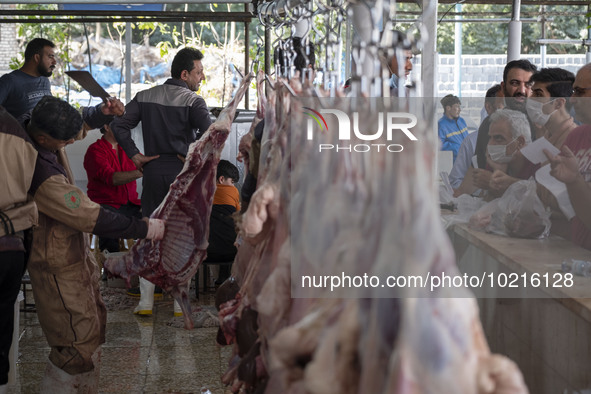 Muslims wait for slaughtered sheep in a temporary livestock market held by the municipality of Tehran, on the Muslim holiday of Eid al-Adha,... by Morteza Nikoubazl/NurPhoto