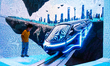 a young boy is playing with 3D video experience during the opening of 2023 World Artificia...