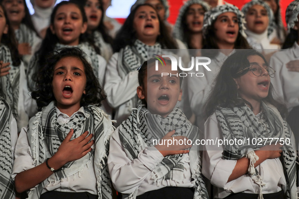 

Young Palestinian choir members, attending an UNRWA (United Nations Relief and Works Agency for Palestine Refugees in the Near East) funde...