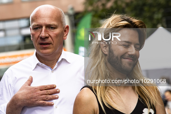 The governing Mayor of Berlin Kai Wegner (L) attends the 45th Christopher Street Day (CSD) Berlin Pride demonstration, in Berlin, Germany on...