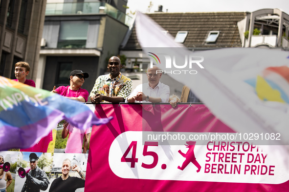 The governing Mayor of Berlin Kai Wegner (C-R) and Berlin's Culture Senator Joe Chialo (C-L) attend the 45th Christopher Street Day (CSD) Be...