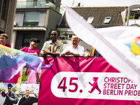 The governing Mayor of Berlin Kai Wegner (C-R) and Berlin's Culture Senator Joe Chialo (C-L) attend the 45th Christopher Street Day (CSD) Be...